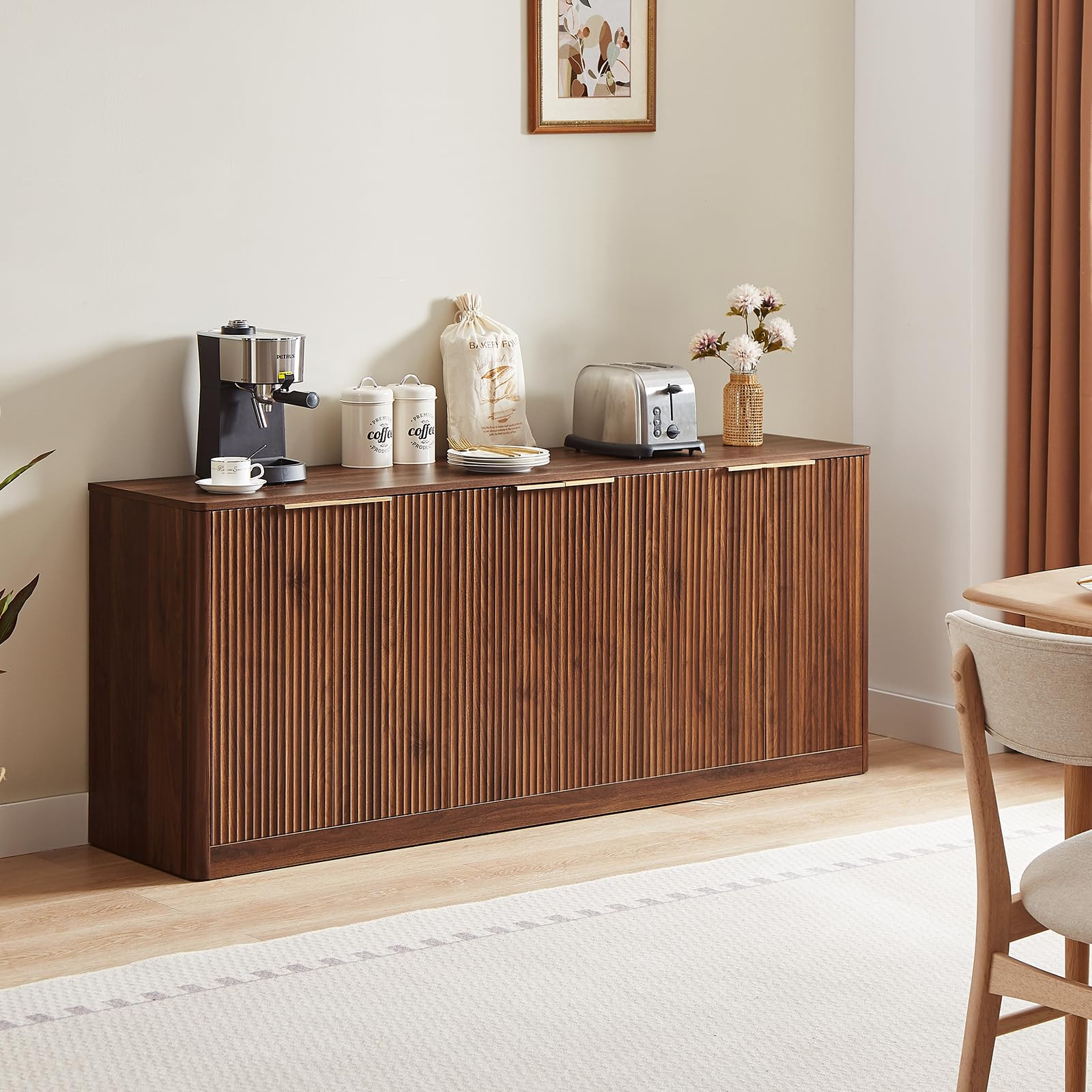 67" Walnut Fluted Sideboard Buffet Cabinet with Storage, Large Buffet Cabinet with 6 Doors, Wood ... | Amazon (US)