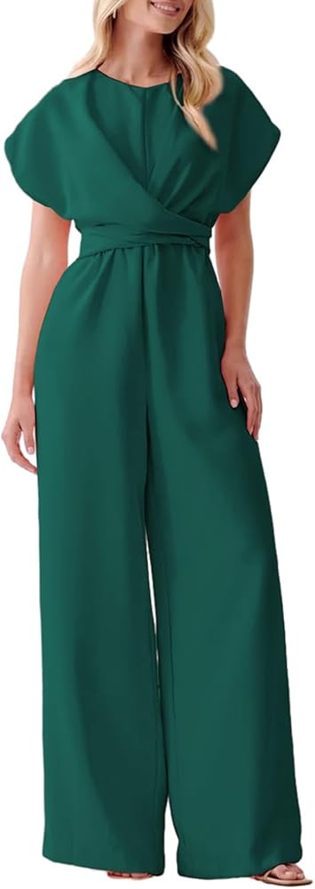 Happy Sailed Women Jumpsuits Dressy Short Sleeve Front Crisscross Tie Waist Belted Wide Leg Pant ... | Amazon (US)