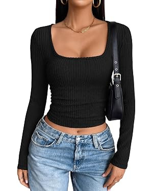 ANRABESS Womens Long Sleeve Square Neck Fitted Crop Tops | Ribbed Knit Slim Fit Shirts, Soft Comf... | Amazon (US)