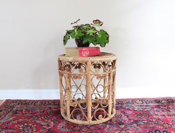 Peacock wicker rattan foot stool or plant stand vintage side table | Etsy (US)