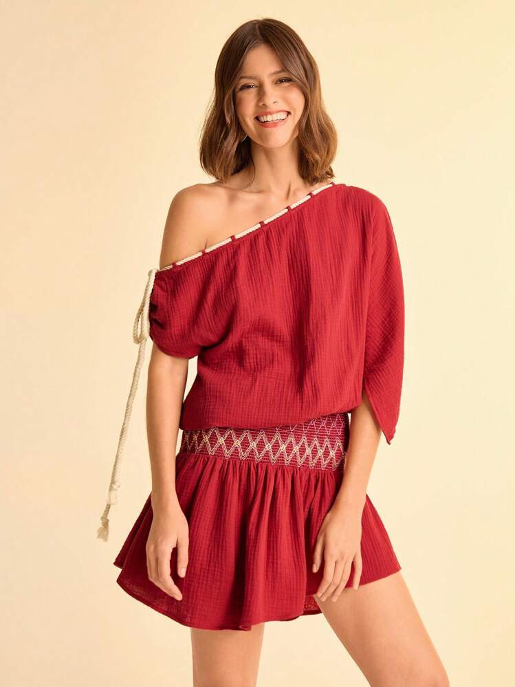 CAJUNI Women's Holiday Red Textured Mini Plaid Asymmetrical Neck White Linen Drawstring Waist Colorful Ruffled Asymmetrical Hem With Shorts Dress, Summer Beach Resort Casual Date Picnic Short Dress | SHEIN