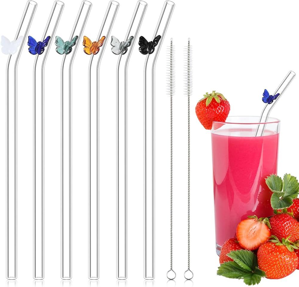 6 Pcs Reusable Glass Straws Bent with Design, 8 mm x 7.9 in Colorful Clear Straws Glass with Clea... | Amazon (US)