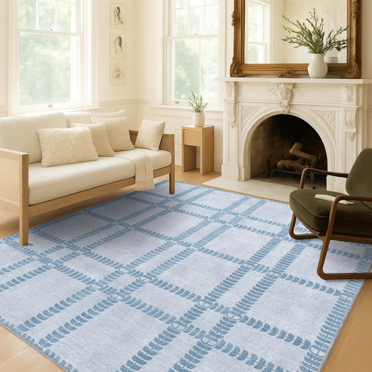 Amani Cream Blue Oushak Rug | Fame Rugs