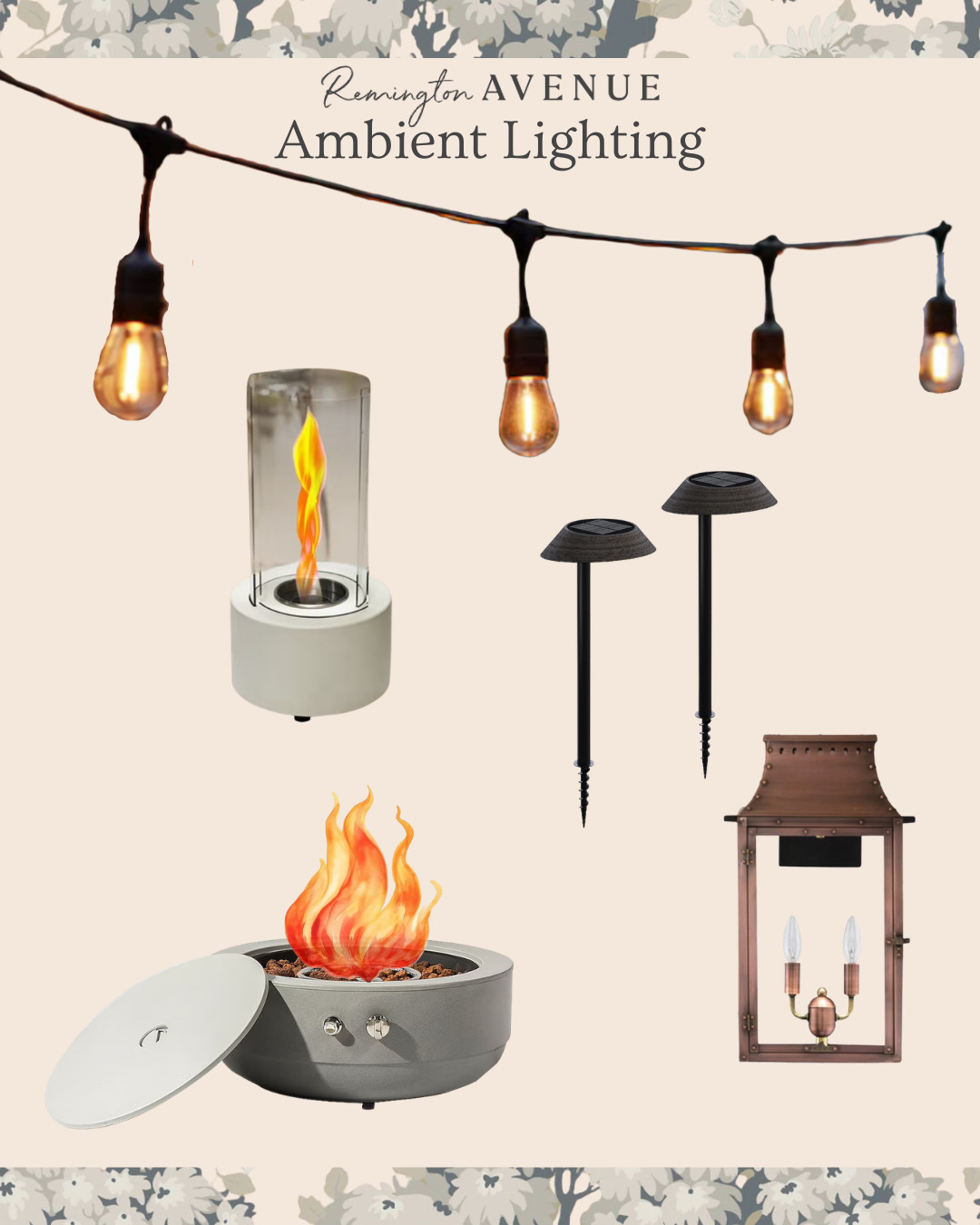 Ambient lighting options for backyard hosting areas and patios. Bistro solar lights. Solar pathway lights. Tabletop fireplace. Portable fireplace. Outdoor  

 