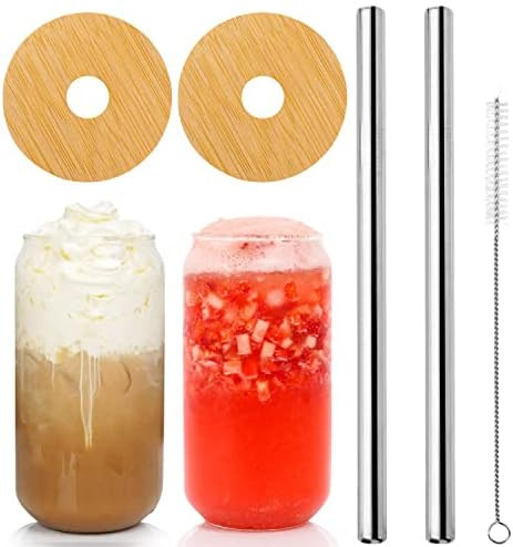 ANOTION Beer Can Glass with Lids and Straw, Bamboo Top Cover, 20 oz Reusable Drinking Glasses, Tu... | Amazon (US)