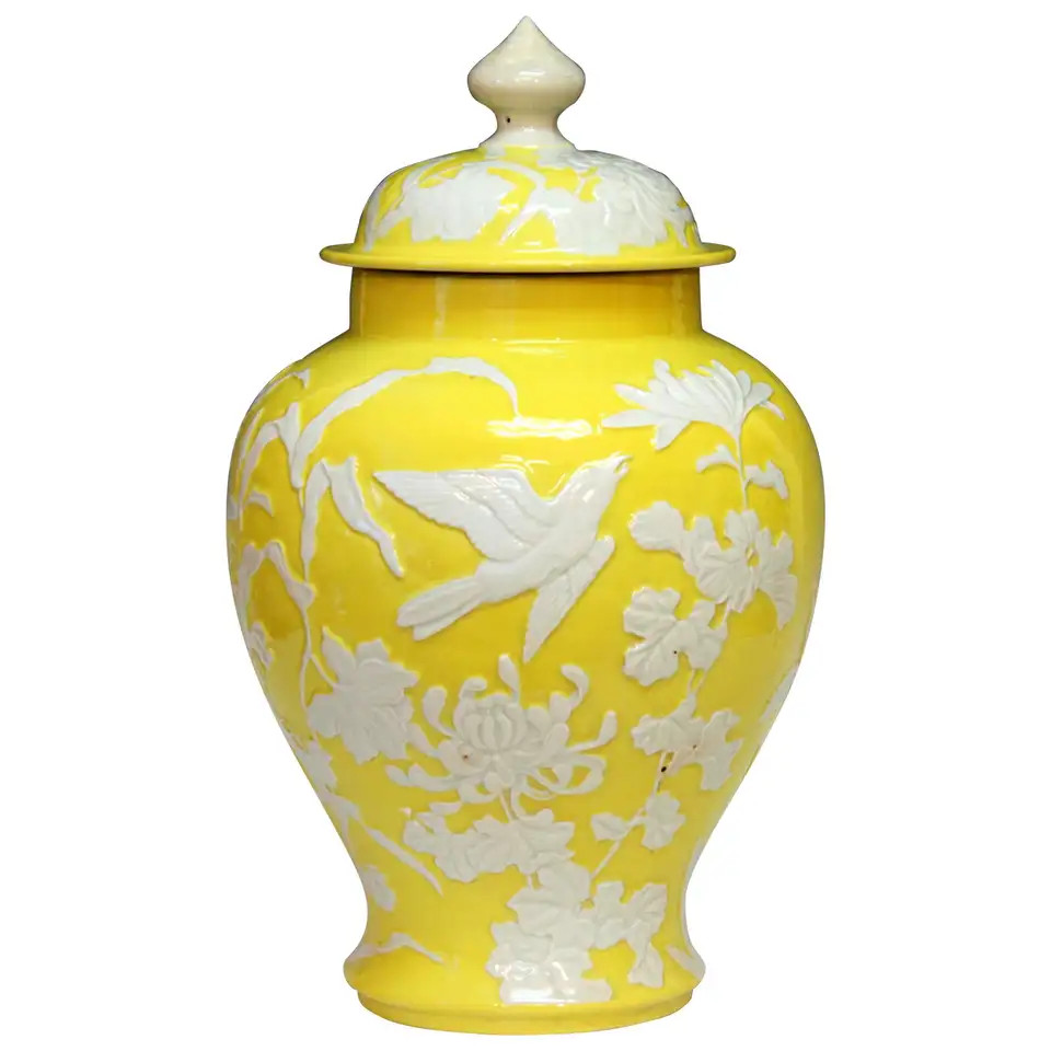 Large Antique Japanese Carved Studio Porcelain Yellow Covered Urn Vase | 1stDibs