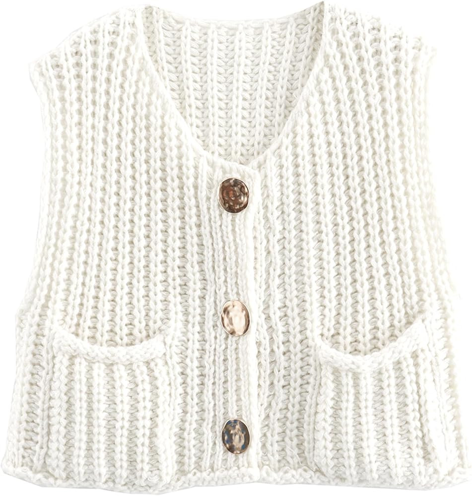 Hixiaohe Womens Crochet Chunky Knit Top Sleeveless Button Down Crop Tops Trendy Cardigan Sweater ... | Amazon (US)