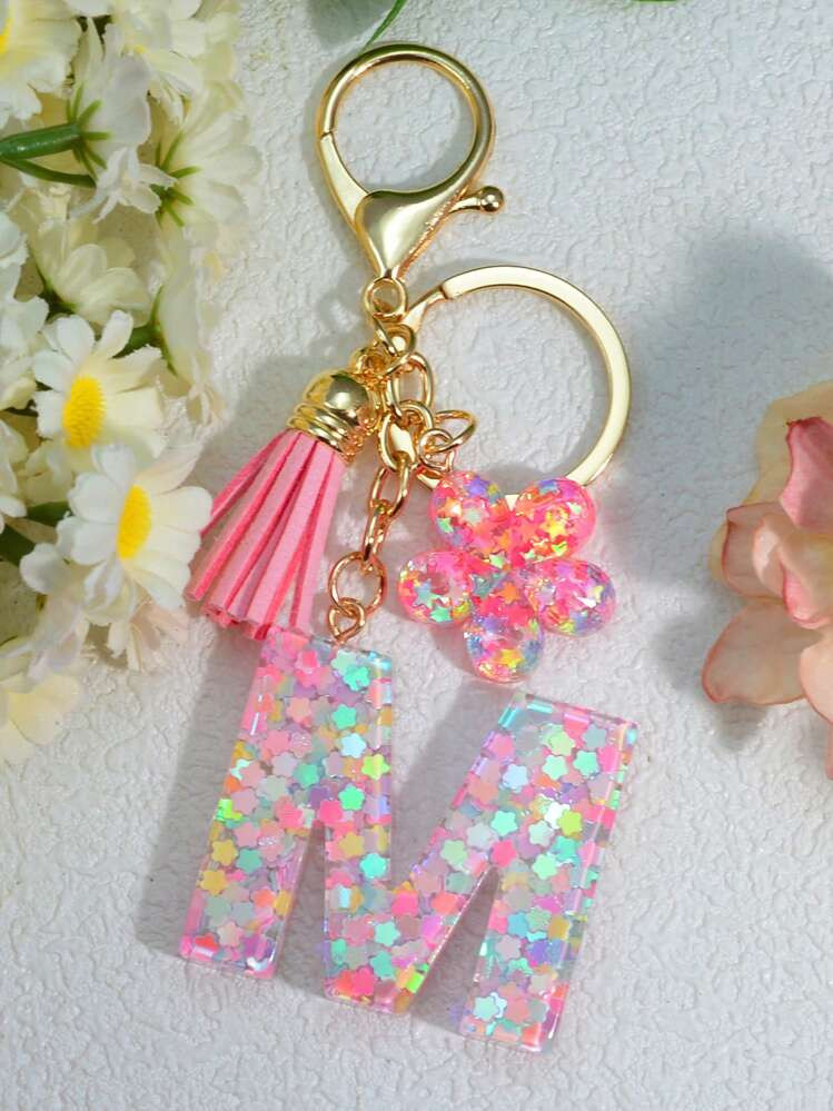 1pc Pink Sequin Letter Keychain, Resin Keyring Pendant, Personalized Backpack Decoration, Floral ... | SHEIN
