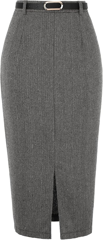 Allegra K Midi Pencil Skirt for Women Vintage Fall High Waisted Slit Office Work Skirts with Belt | Amazon (US)
