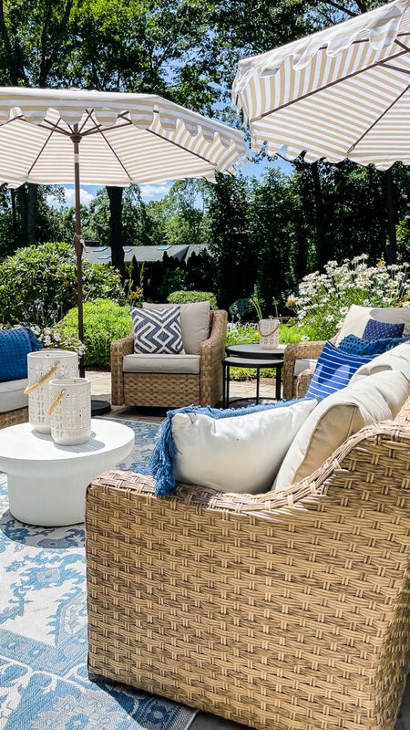 Outdoor patio seating from Walmart, umbrellas, outdoor area rug, tables, lanterns, coastal style home, decor for your patio and backyard

#LTKhome #LTKSeasonal #LTKfamily
