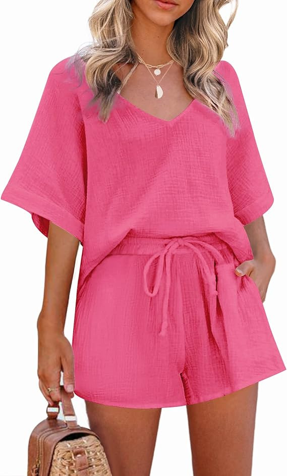 Zeagoo Women's 2 Piece Cotton Linen Tracksuit Short Sleeve Casual Shorts Set V Neck Beach Outfits | Amazon (US)