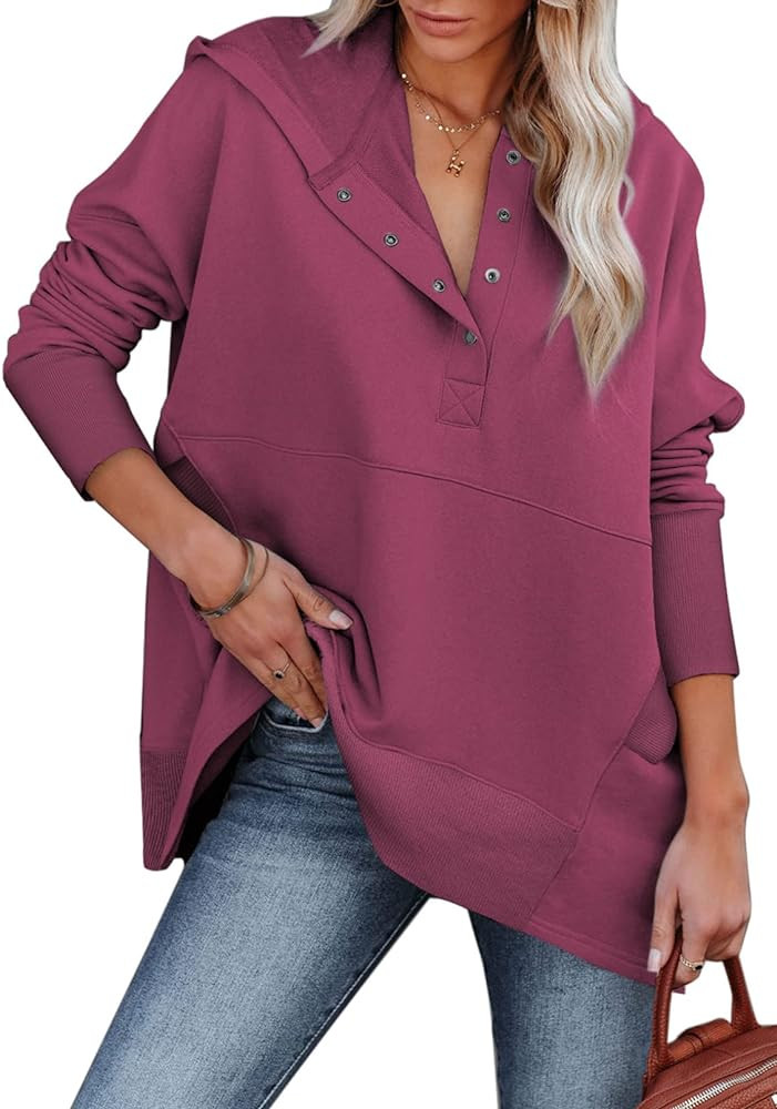 Women Casual Button V Neck Hoodies Oversized Pullover Sweatshirt Hooded Tops with Pockets | Amazon (US)