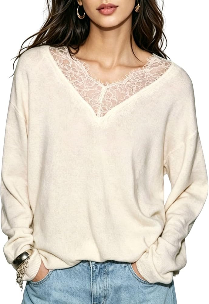 FindThy Women’s Lace Knit Sweater Trendy V Neck Long Sleeve Solid Color Loose Pullover Sweater ... | Amazon (US)