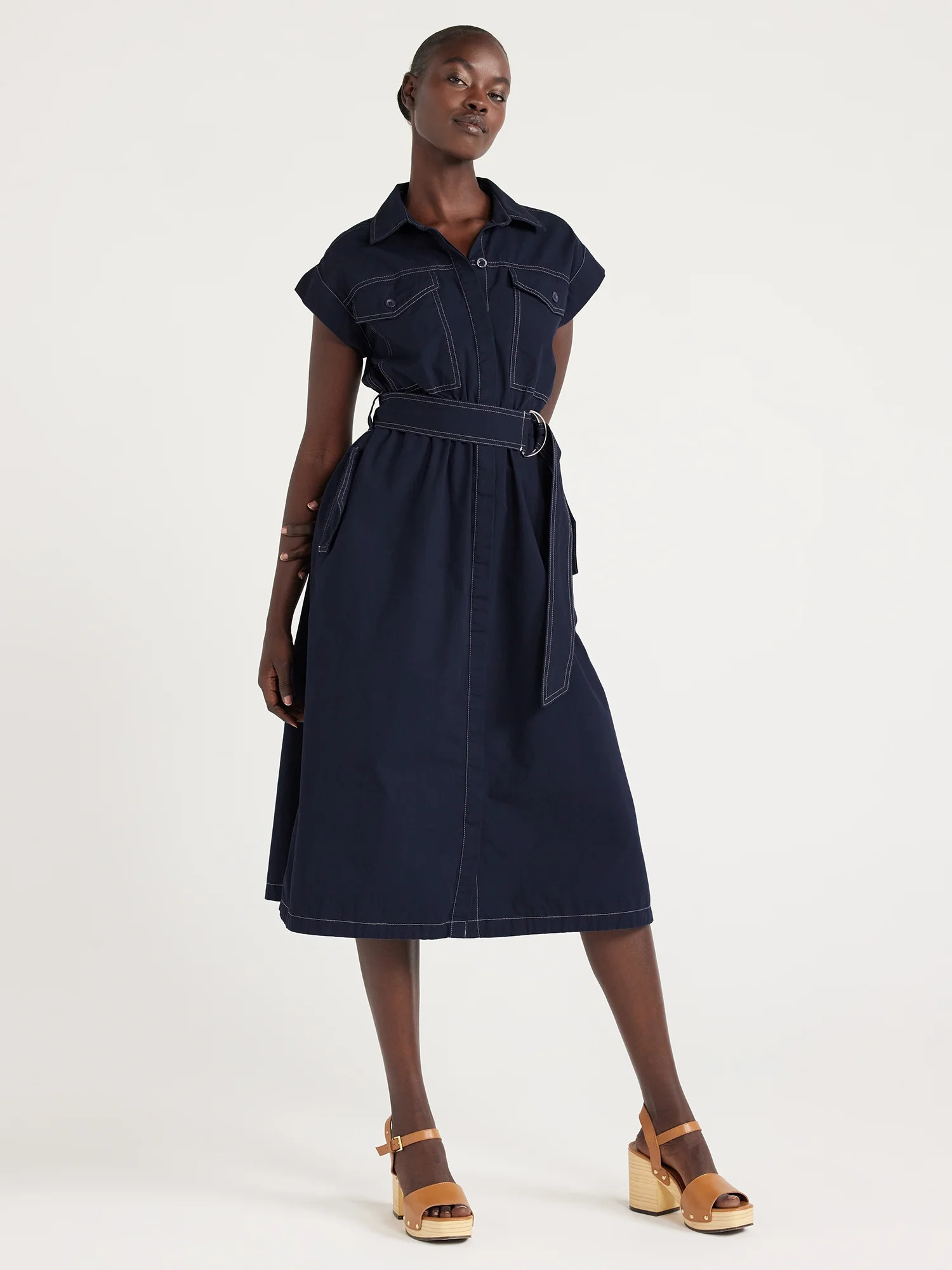 Free Assembly Women's Belted Utility Midi Dress, Sizes XS-XXL | Walmart (US)