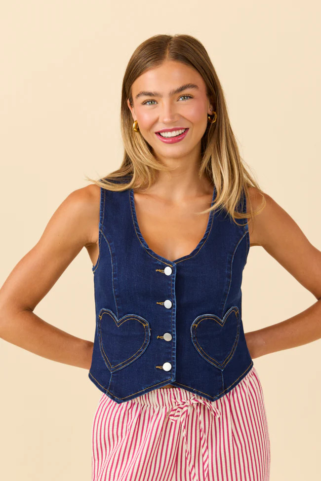 My Favorite Dark Wash Stretch Denim Vest | Pink Lily