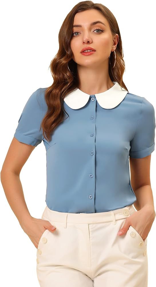 Allegra K Peter Pan Collar Blouse for Women's Contrast Collar Work Office Button Down Chiffon Top | Amazon (US)