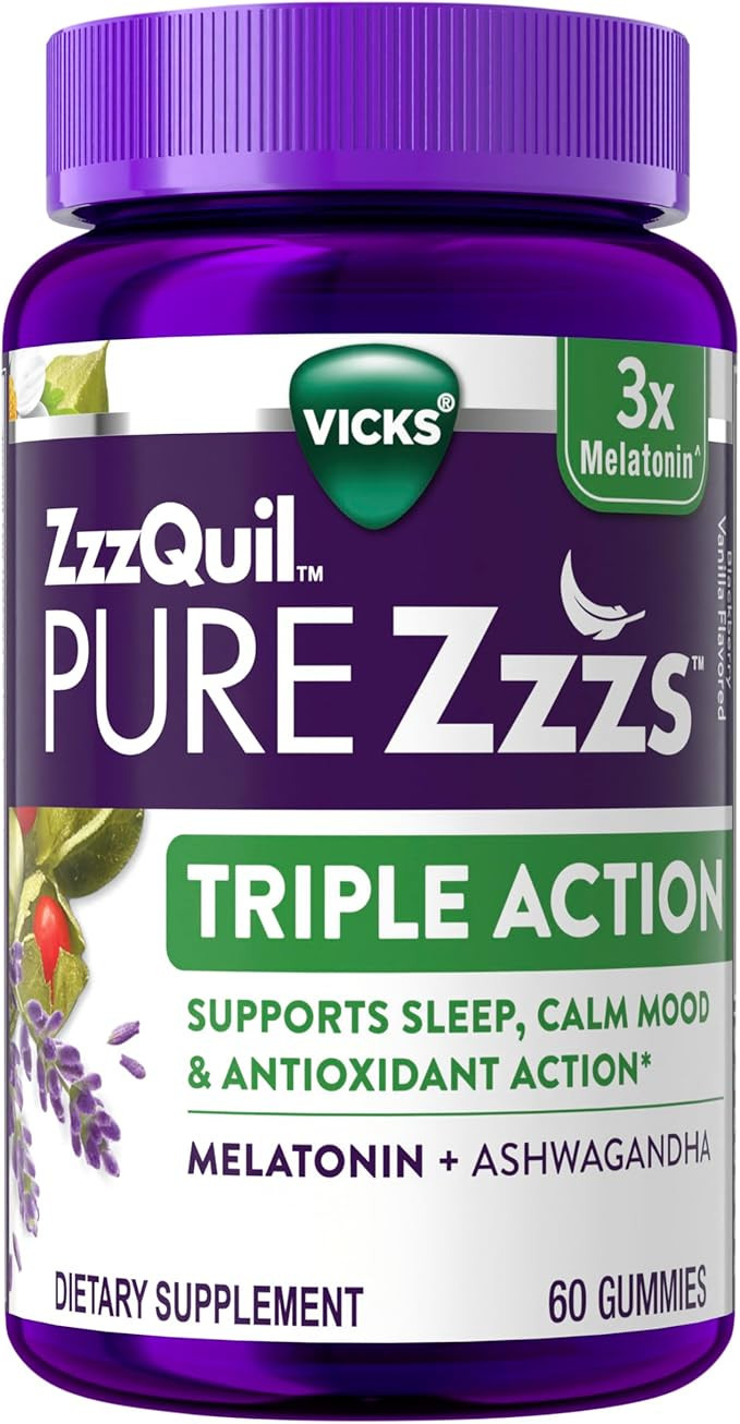 ZzzQuil PURE Zzzs Triple Action, Melatonin Gummies, Melatonin 6mg, 3X Melatonin, Sleep Aid with A... | Amazon (US)
