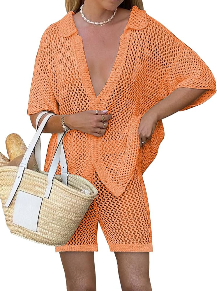 Famulily 2 Piece Shorts Set for Women Sexy Hollow Out Swimsuit Cover Up Button Down Shirt and Wid... | Amazon (US)