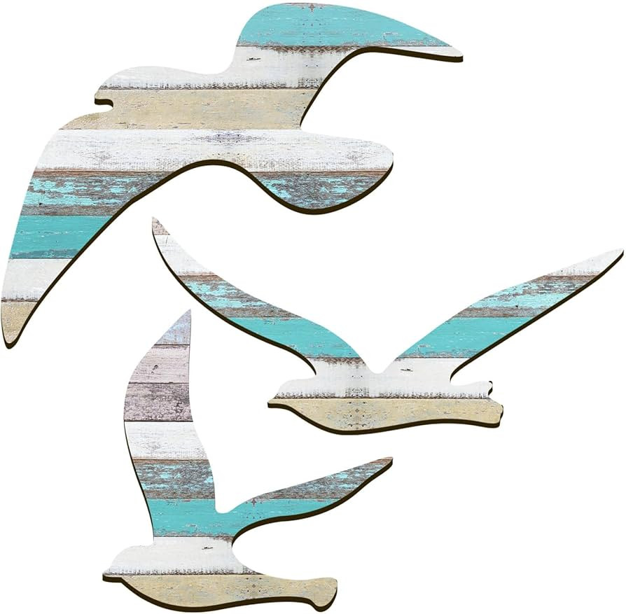 HINGTAI 3Pcs Wood Seagull Beach Wall Art, Nautical Self-adhesive Seagull Decorations, Coastal The... | Amazon (US)