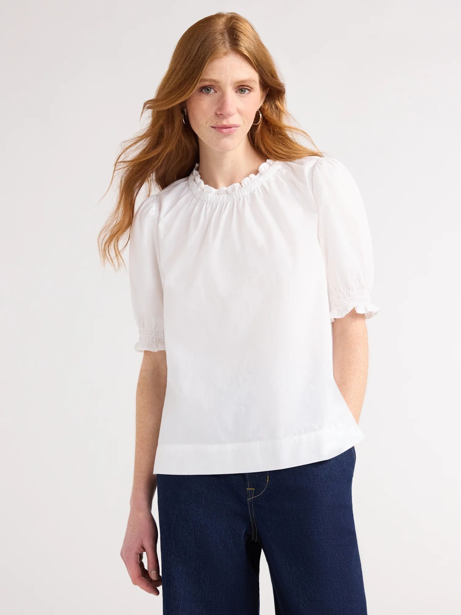 Free Assembly Women's Cotton Ruffle Top with Puff Sleeves, White, Sizes XS-XXL | Walmart (US)