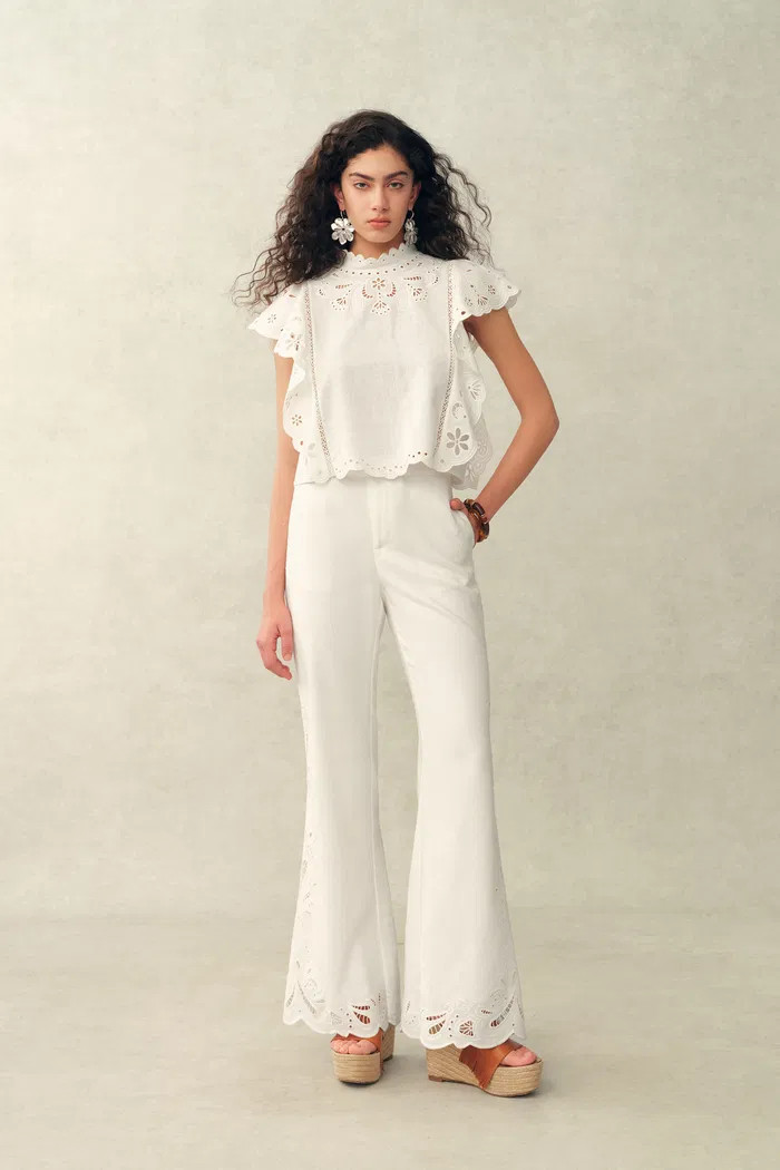 Lilou French Cutwork Embroidery Ruffle-Sleeve Top and Pants Matching S | Fabrique