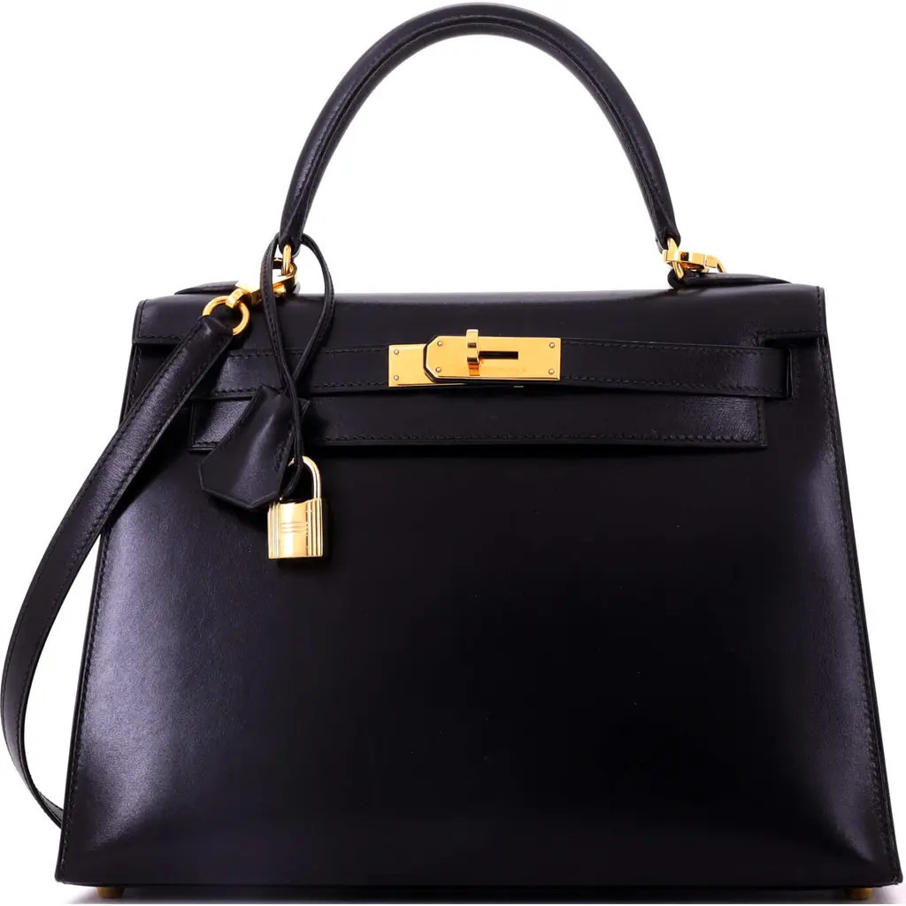 Pre-Owned Hermes Kelly Handbag Black Box Calf with Gold Hardware 28 in Noir at Nordstrom, Size Small | Nordstrom