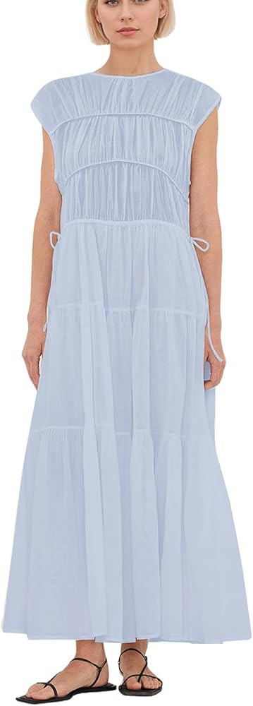 Women Pleated Ruched Tiered Maxi Dress Sleeveless Patchwork Ruffle Hem A Line Flowy Summer Elegan... | Amazon (US)
