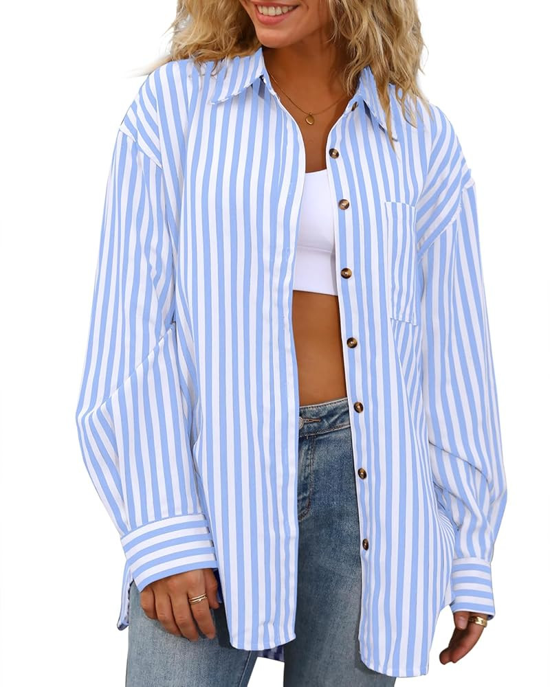 CHYRII Womens Striped Button Down Shirt Casual Long Sleeve Blouse Top | Amazon (US)