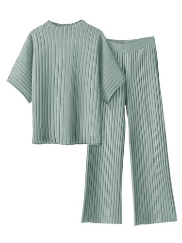 Tankaneo Womens Sweater Sets 2 Piece Outfits Knit Mock Neck Tops and Elastic Waist Pants Sets Casual Loungewear Set Green | Amazon (US)
