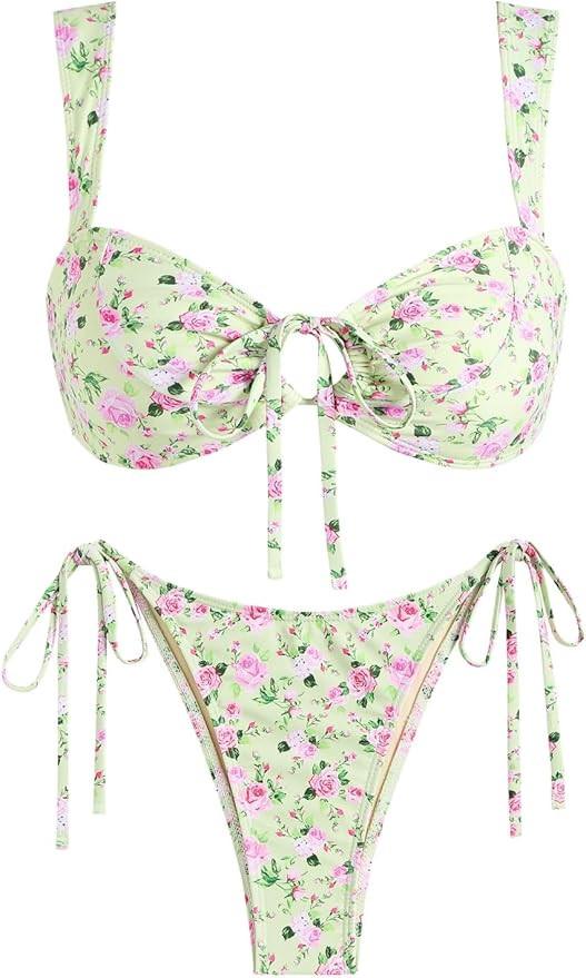 ZAFUL Women's Cinched Bikini Solid Color Wave Textured Knotted Tied Side Two Piece Swimsuit Bathi... | Amazon (US)