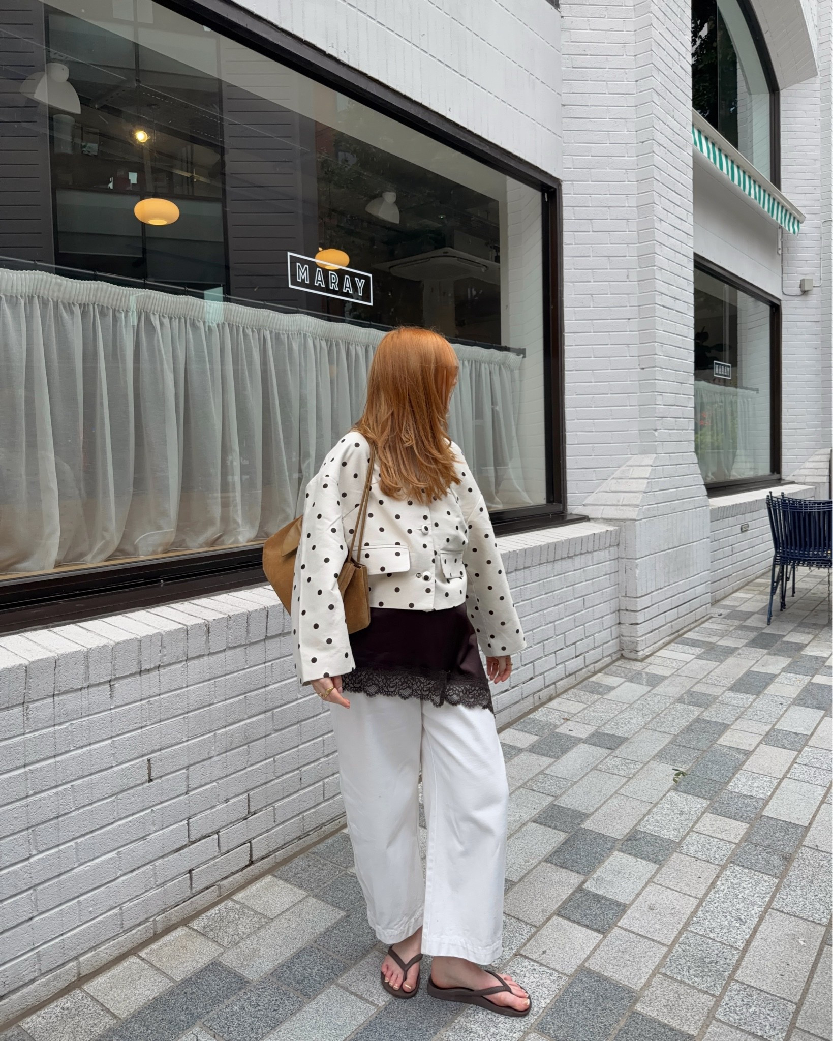 Polka Dot Jacket, Spot Jacket, White Jeans, Flip Flops, Archies Flip Flops