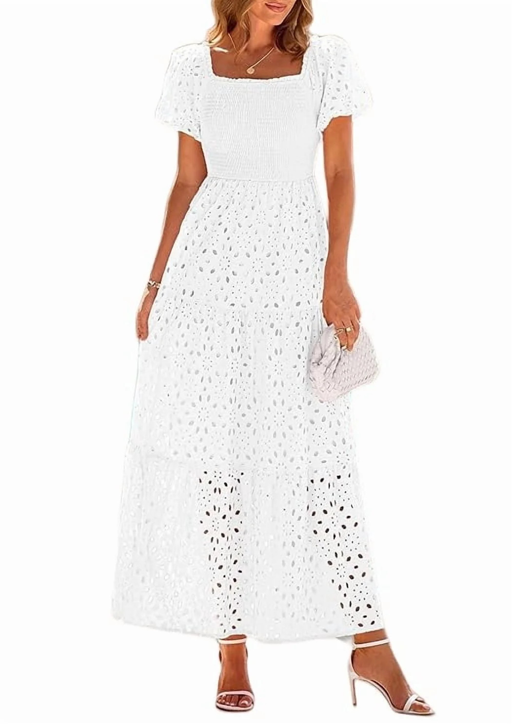 PRETTYGARDEN Summer Dresses for Women Eyelet Square Neck Puff Sleeve Smocked Wedding Guest Maxi D... | Walmart (US)