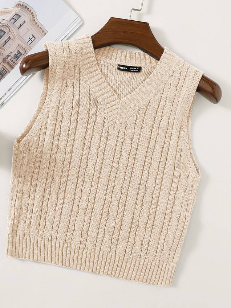 V Neck Cable Knit Sweater Vest | SHEIN