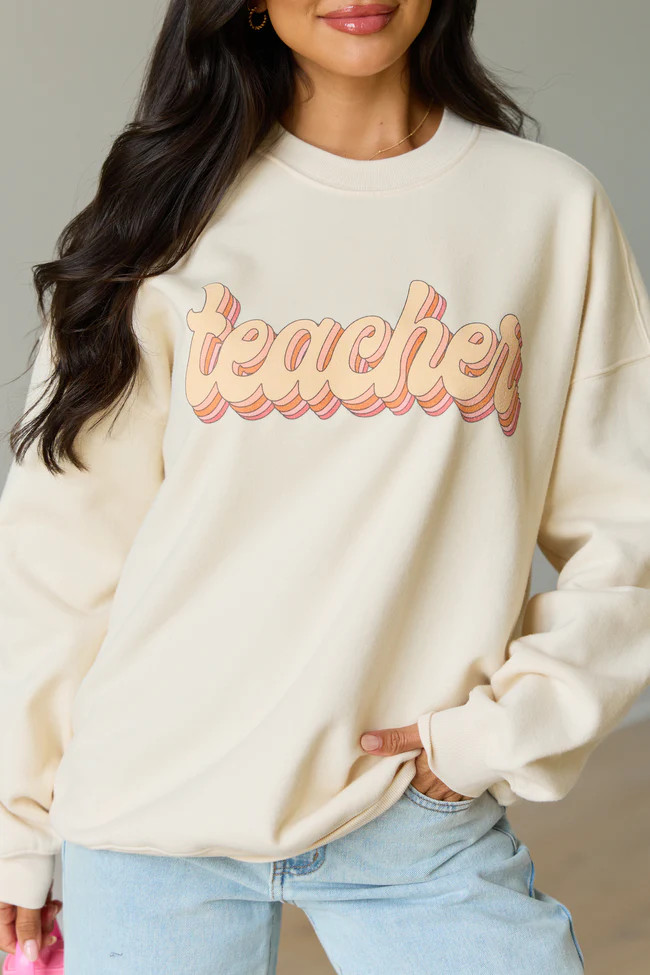 Teacher Retro Cream Graphic Sweatshirt | Pink Lily