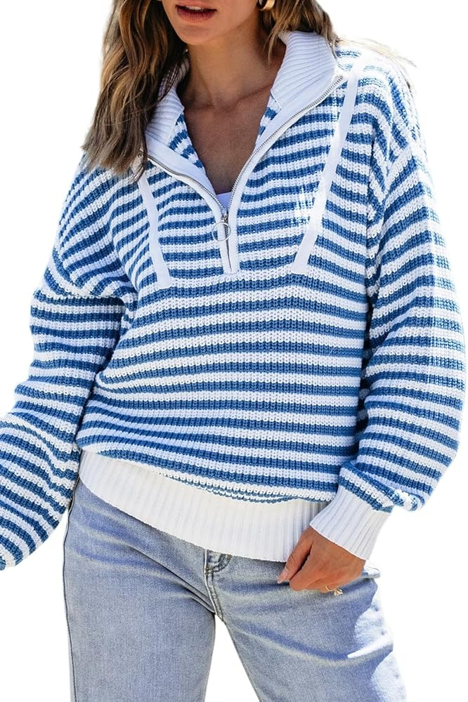 Ecosunny Sweaters for Women 2024 Long Sleeve High Neck Stripe Zip up Collar Drop Shoulder Sweater... | Amazon (US)