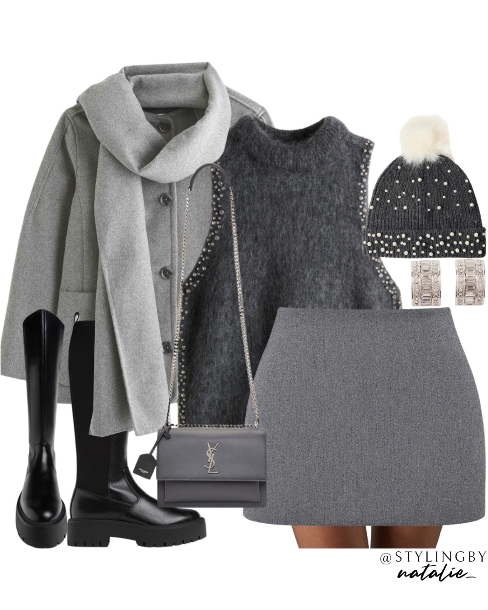 Grey scarf jacket, grey wool mini skirt, mohair sleeveless top with rhinestone seams, tights, pearl wool bobble hat, chunky black flat boots, silver earrings & YSL crossbody bag.
Autumn winter outfit, boots season, casual chic, knee high boots, fall trends. 

#LTKxBoots #LTKautumn #LTKstyletip