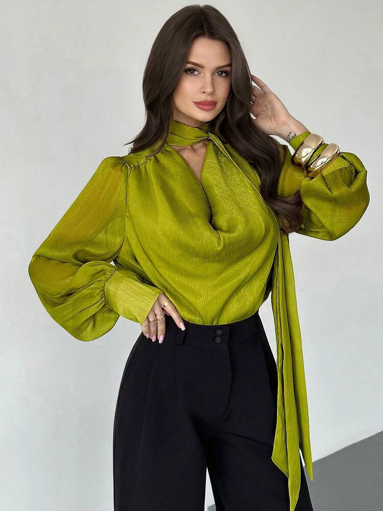 Firerie Women's Solid Color Chic Vintage Long Sleeve Blouse, Elegant & Versatile Casual Loose Col... | SHEIN