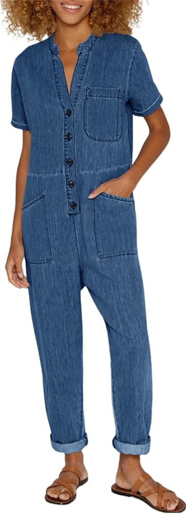 Tongmingyun Women's Short Sleeve Loose Jumpsuits V-Neck Button Up Casual Long Pants Romper | Amazon (US)