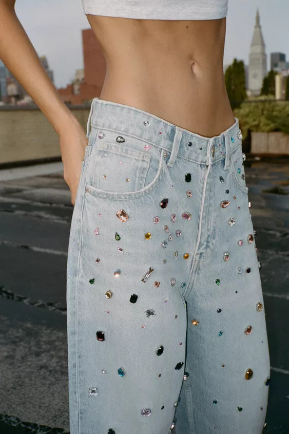 RELAXED OVERSIZE HIGH WAIST JEANS WITH JEWELS | Zara US