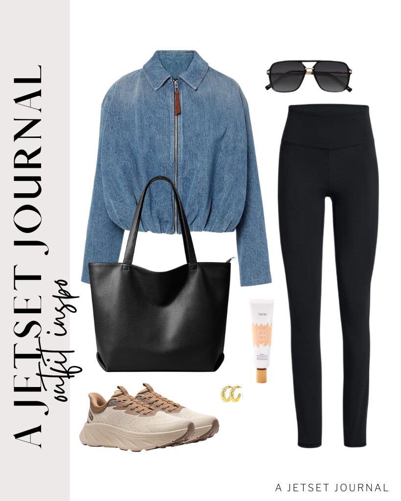 You can pair an indigo blue denim bomber jacket with comfortable black leggings as your first outfit. Then, wear ALLSWIFIT walking shoes and style it up with a leather tote. 

 #LTKSeasonal #LTKSaleAlert #LTKTravel