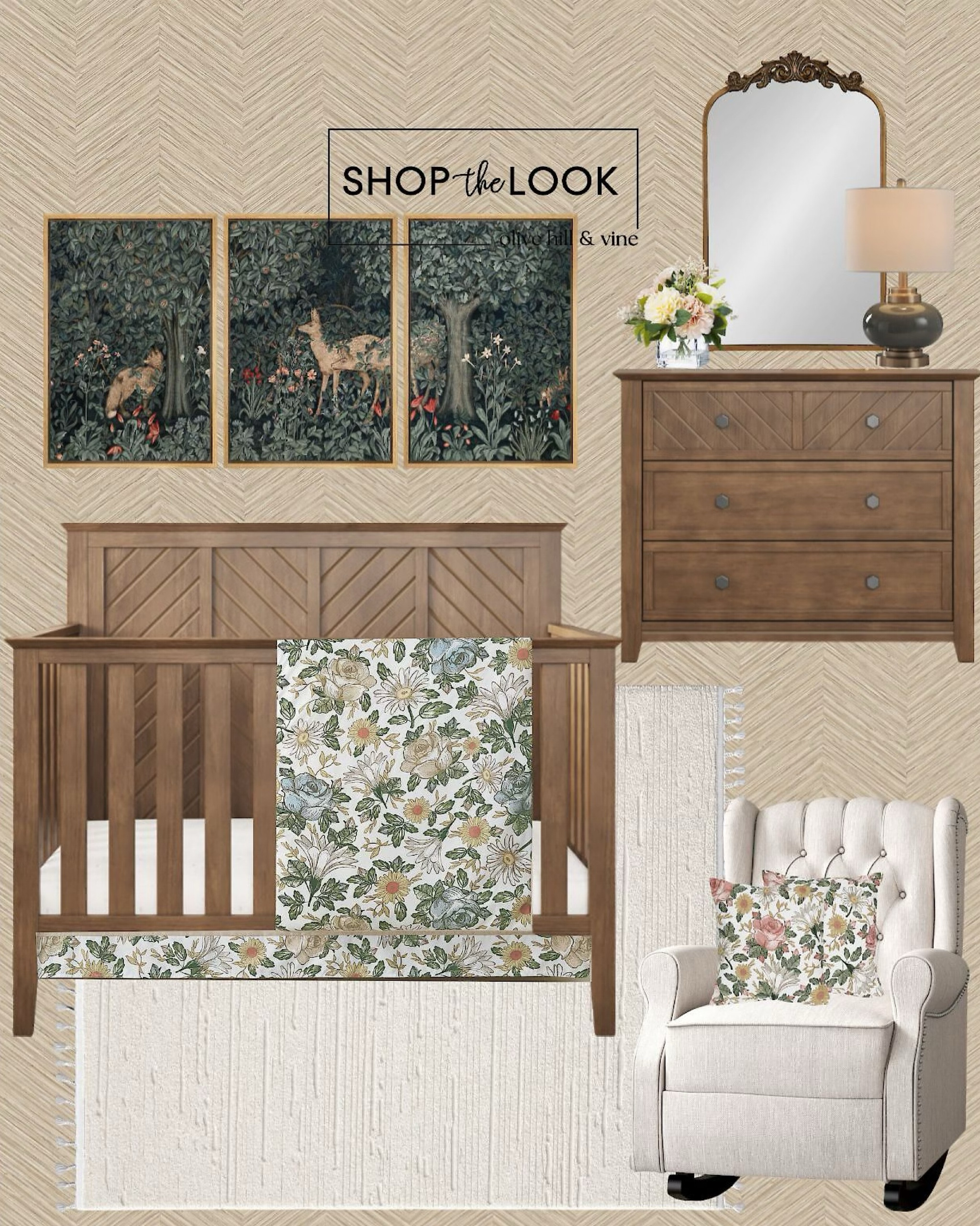 Step into a nursery that whispers enchantment with chevron-detailed furniture, a wingback rocking chair, and vintage floral accents. The cream-tone rug and baroque mirror add a touch of glam, while a woodland art trio completes this whimsical retreat.

#LTKBump #LTKHome #LTKBaby