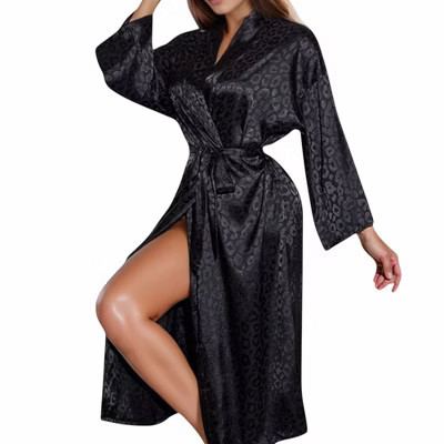 Anna-Kaci Lounge Women's Satin Leopard Print Long Robe with Waist Tie and Duster Sleeves - X Large, Black | Target