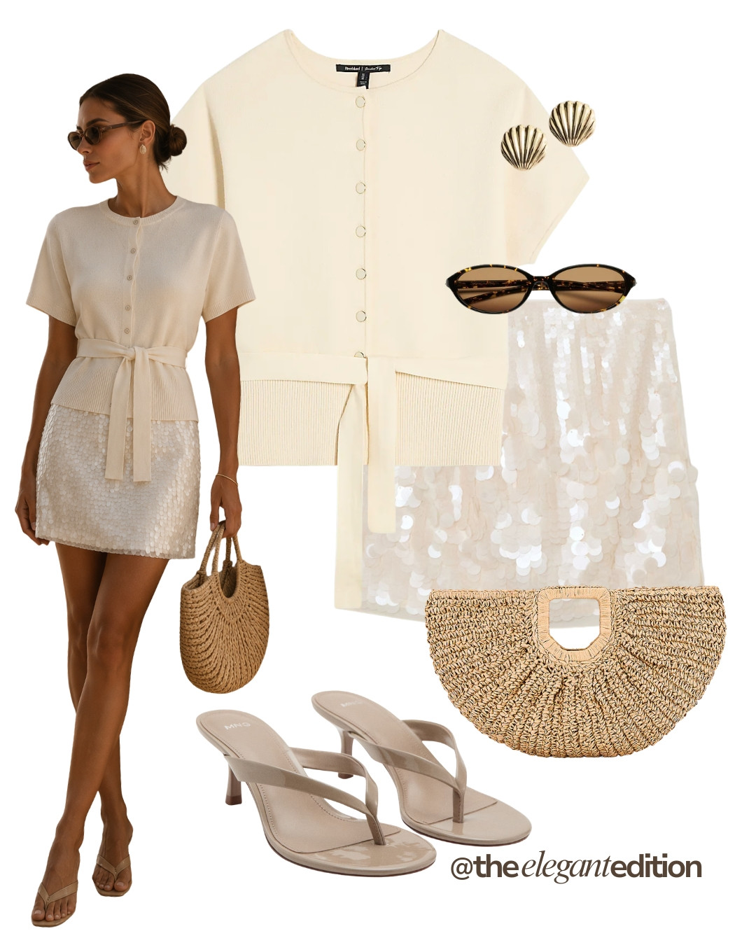 CARDIGAN & SEQUIN SKIRT LOOK 🤍✨ — Cream belted cardigan, sequin mini skirt, shell stud earrings, straw top-handle bag and nude kitten heel sandals.
#summeroutfit #oldmoney #LTKsummer #LTKstyletip 

 #LTKeurope #LTKsummer #LTKdatenight