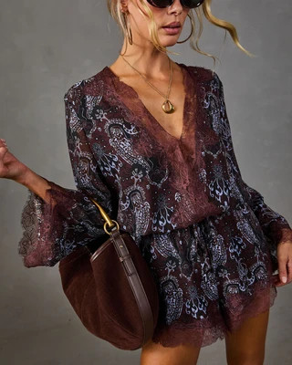 Private Whisper Paisley Print Lace Trim Romper Brown / XL | VICI