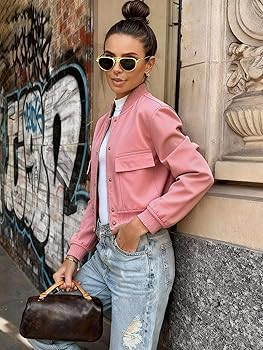 imbpceu Women Bomber Jacket Casual Long Sleeve Button Down Varsity Jackets with Pockets | Amazon (US)