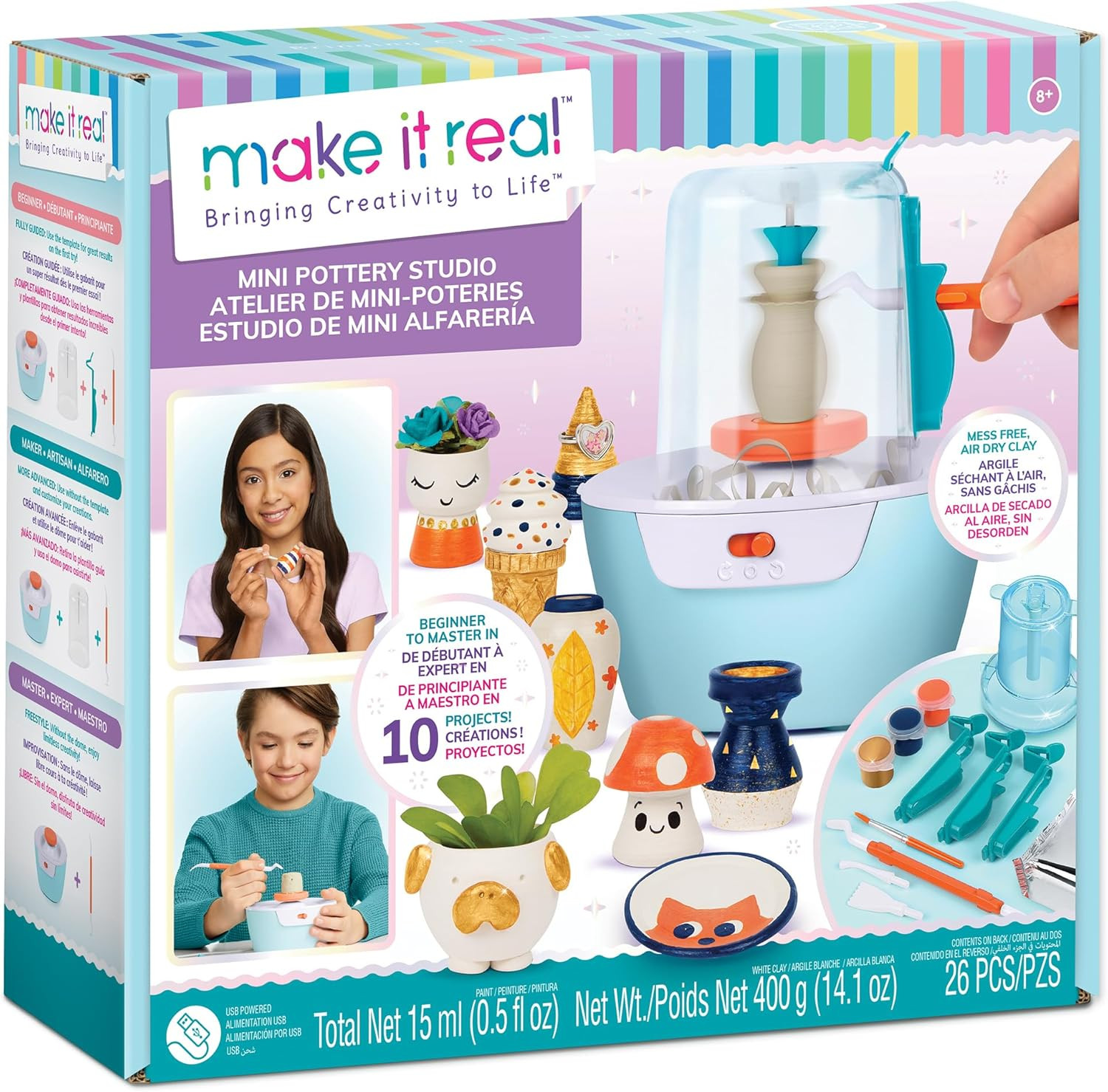 Make It Real Mini Pottery Studio - 26-Piece DIY Pottery Kit with Mess-Free Air Dry Clay - Create ... | Amazon (US)