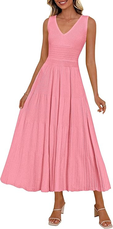 PRETTYGARDEN Summer Dresses for Women 2026 Spring Casual Sleeveless V Neck Pleated Midi Work Cock... | Amazon (US)