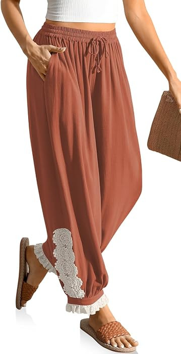 TARSE Women's Linen Harem Pants Boho Lace Trim Pants with Pockets | Amazon (US)