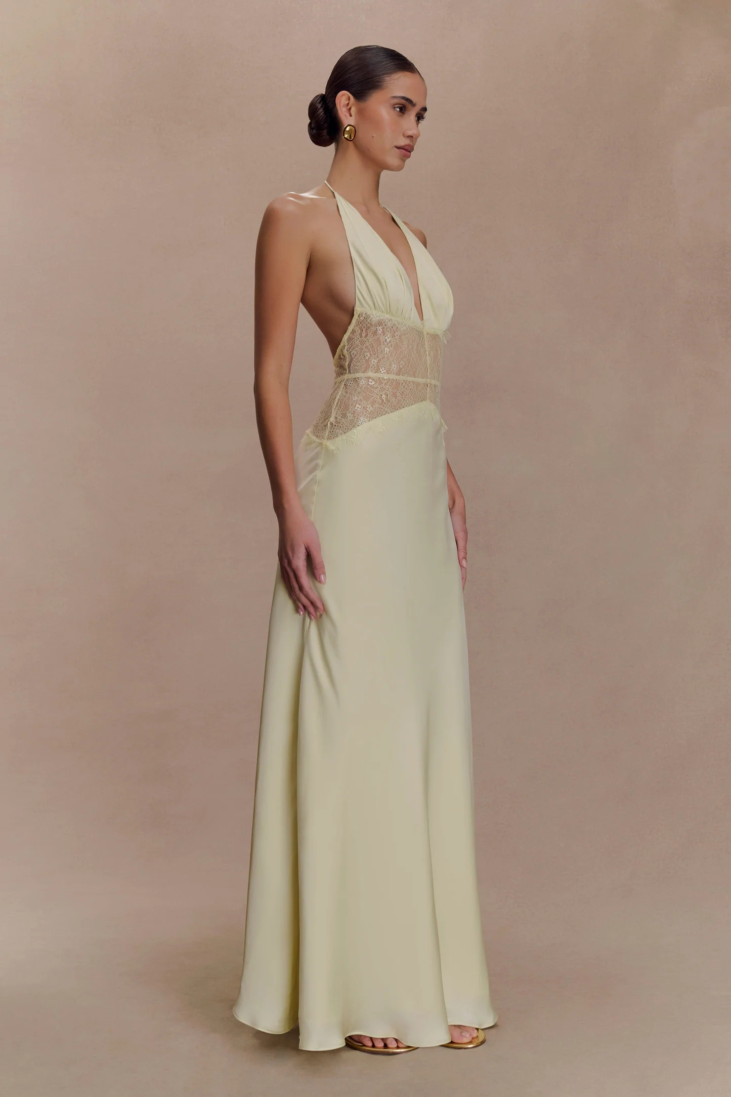 Dinah Lace And Satin Maxi Dress - Lemon | Meshki UK