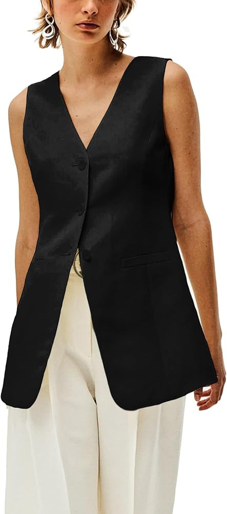 2024 Summer Long Linen Vest Blazer V-Neck Lightweight Fashion Casual Button Pockets Fully Lined J... | Amazon (US)